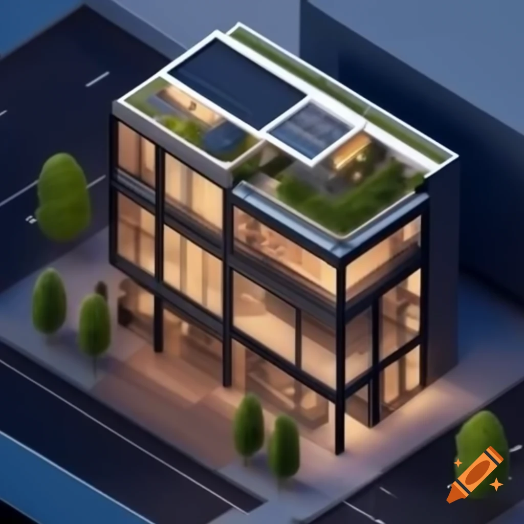 Isometric view of a modern 5-story building with glass windows and balconies