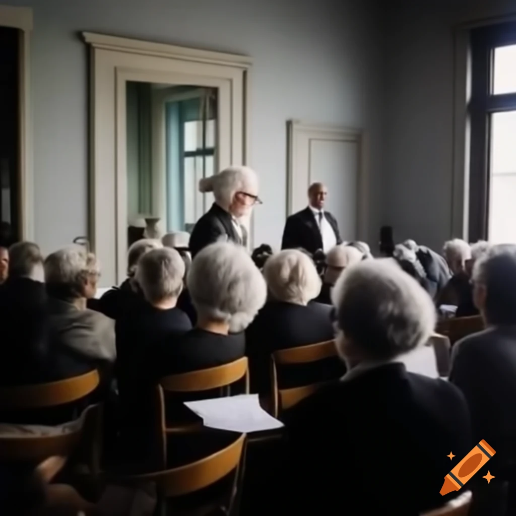 Group of distinguished individuals listening to elegant Italian speaker in tuxedo