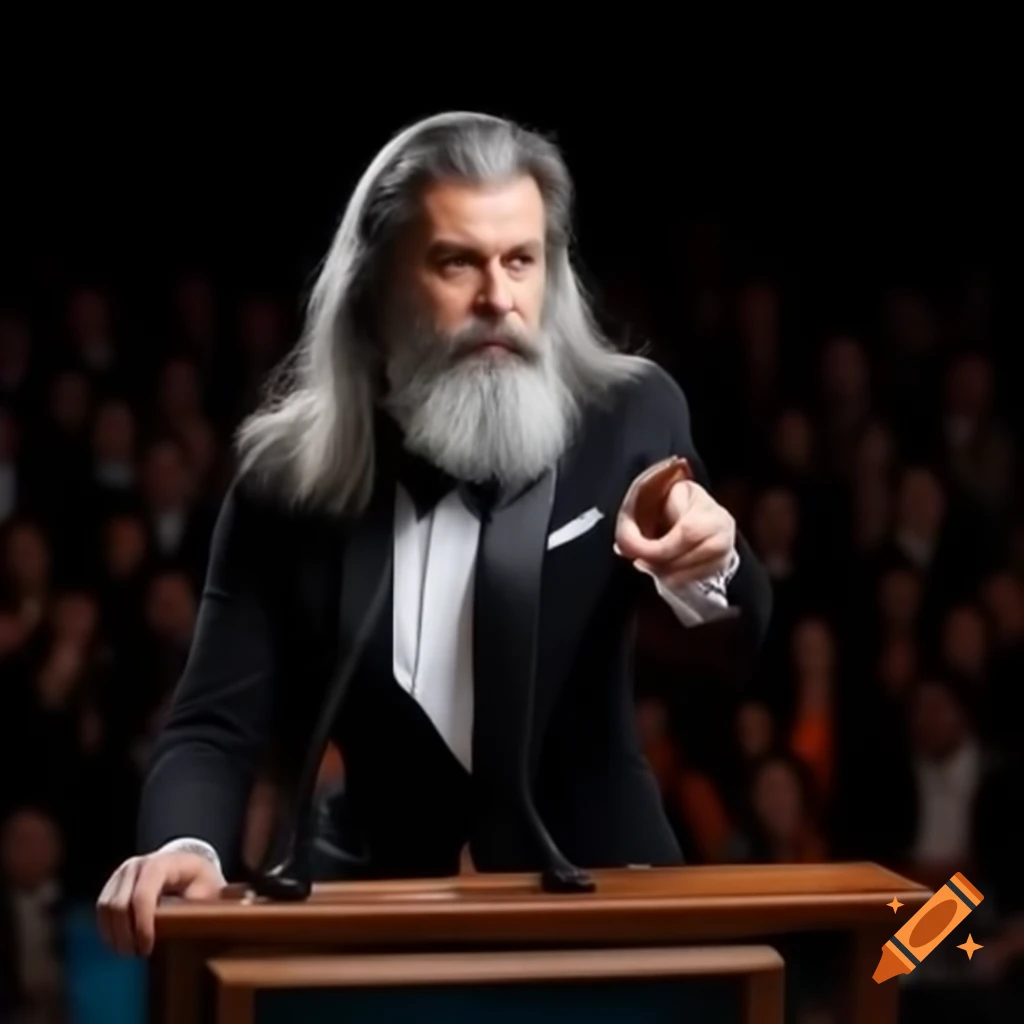 Handsome man in tuxedo with long gray beard speaking to crowd from podium