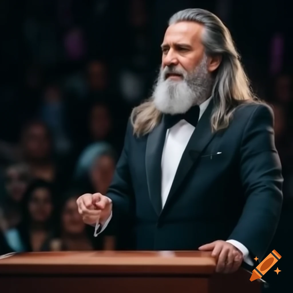 Lanky man in tuxedo speaking to crowd from podium