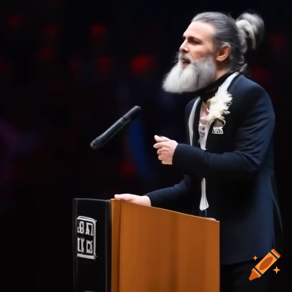 Handsome man in tuxedo addressing crowd from podium, relaxed demeanor