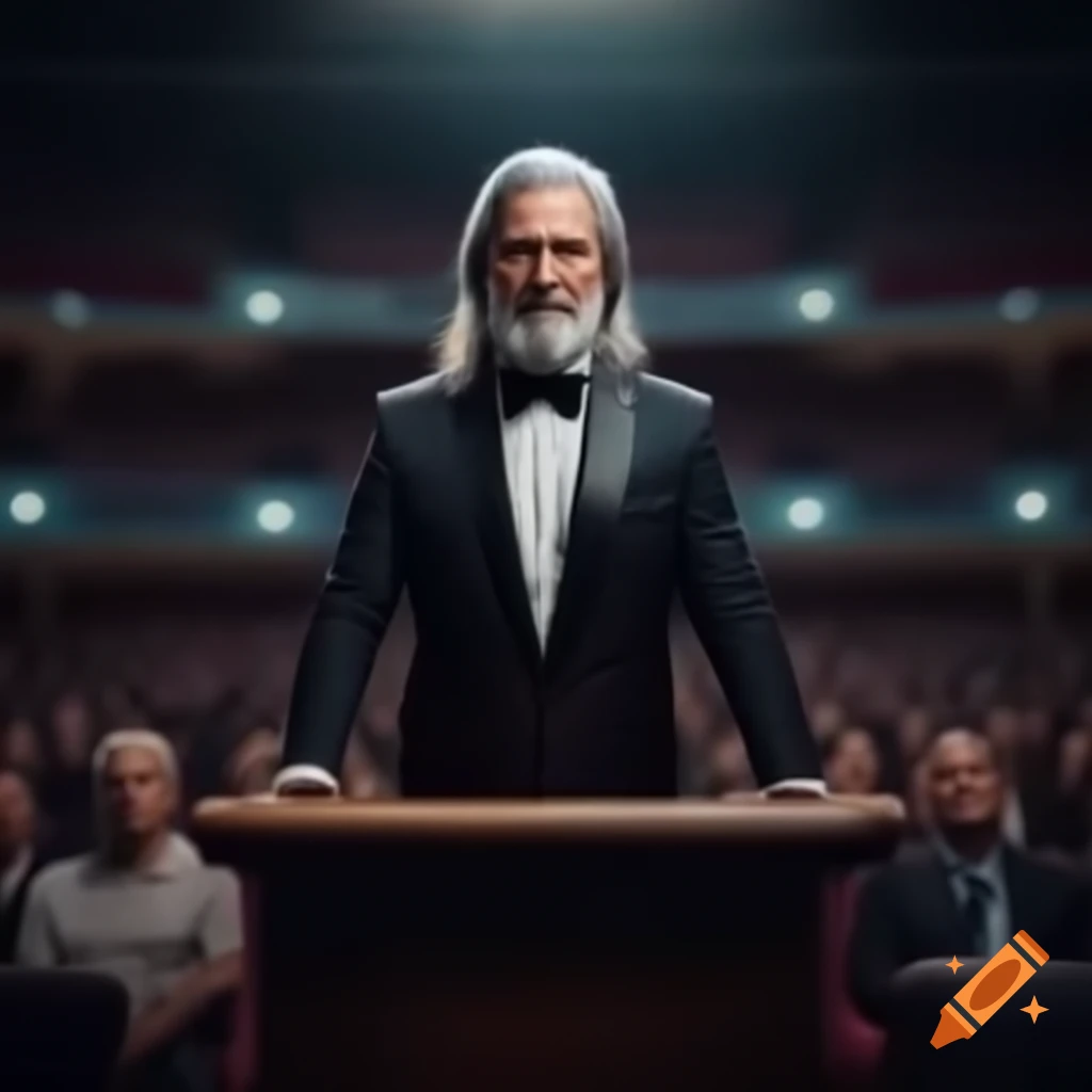 Young man in tuxedo speaking to attentive crowd in full auditorium