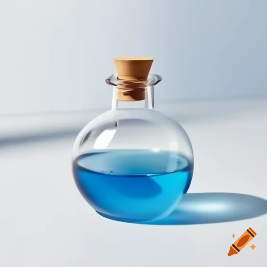 Round glass flask with cork containing clear blue liquid