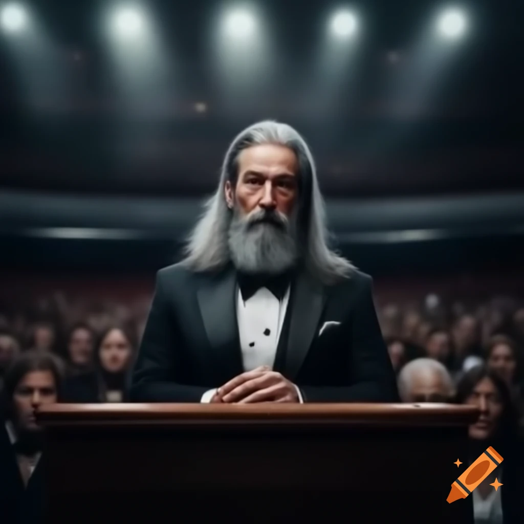 Young man with gray hair in tuxedo speaking to attentive crowd in auditorium