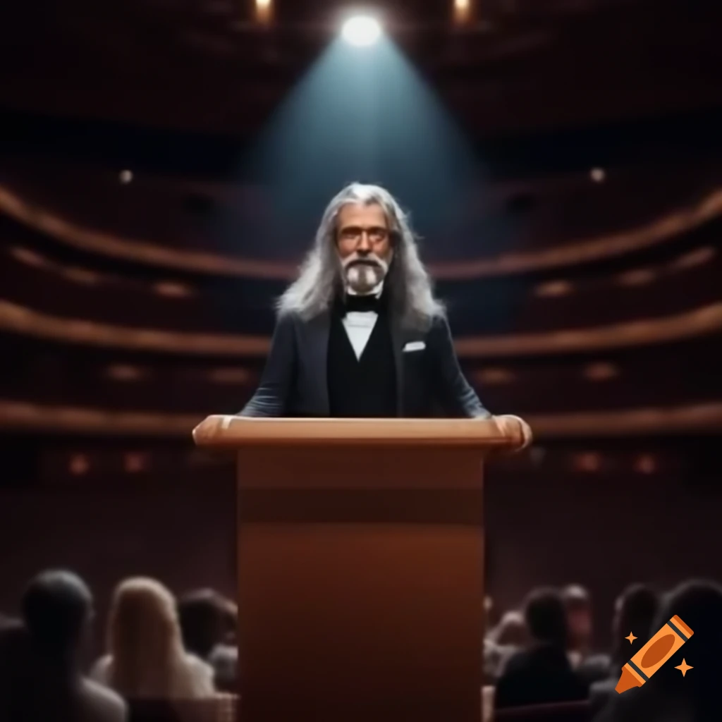 Young man in tuxedo speaking to attentive crowd in auditorium