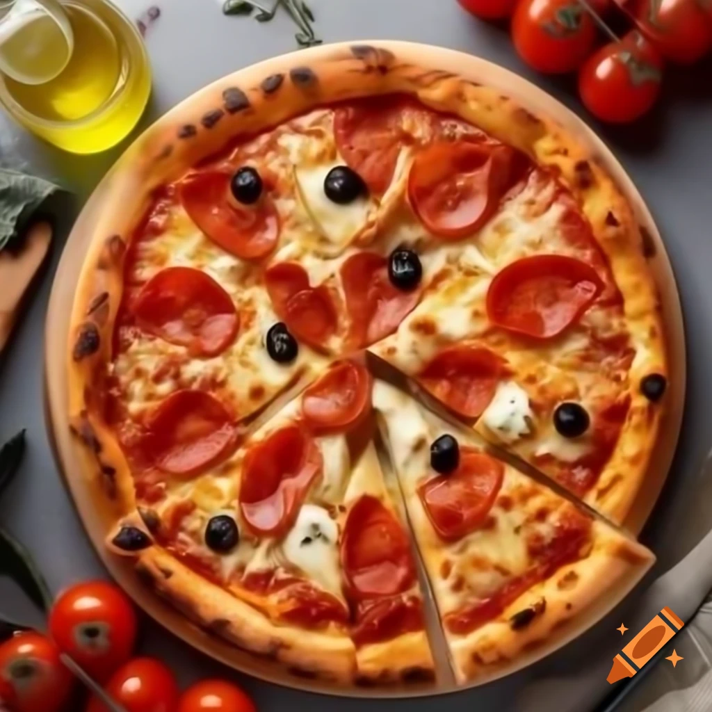 Turkish breakfast pizza topped with melted cheeses, viewed from above