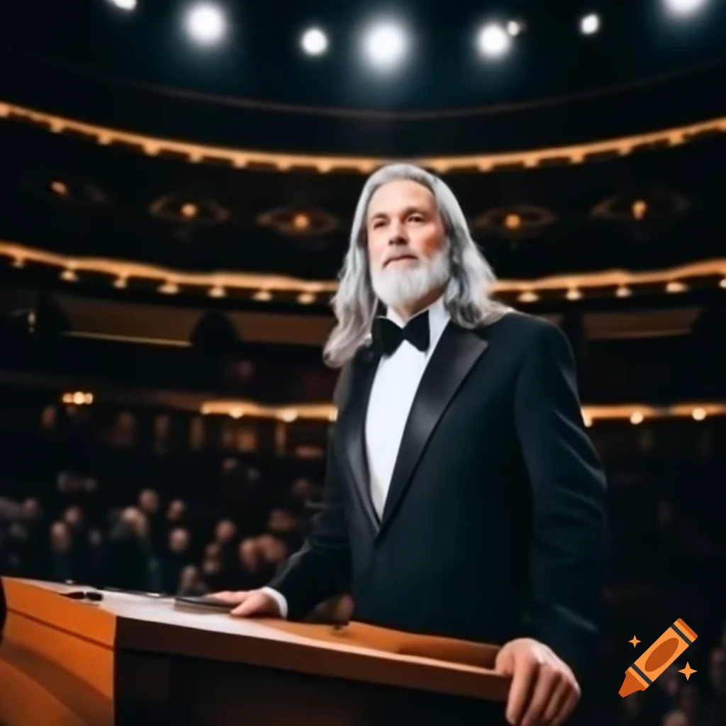 Young man in tuxedo speaking on podium in full auditorium