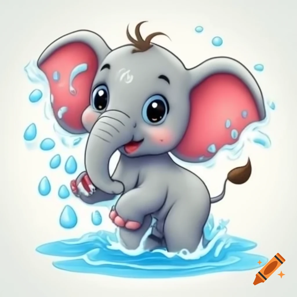 Smiling baby elephant splashing water with trunk in outline style