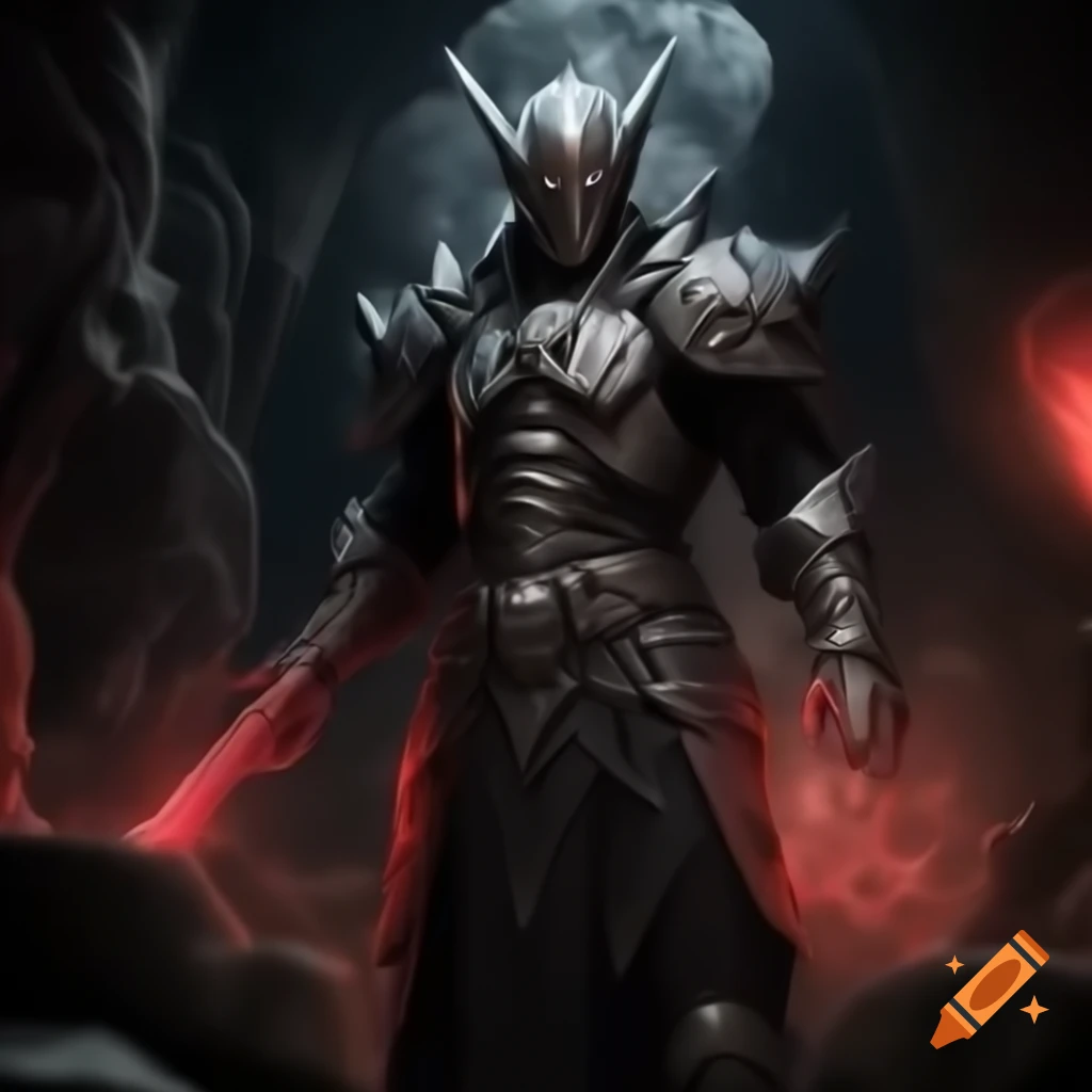 Evil cartoon villain in black armor with glowing red eyes and web weapon in dark cave lair