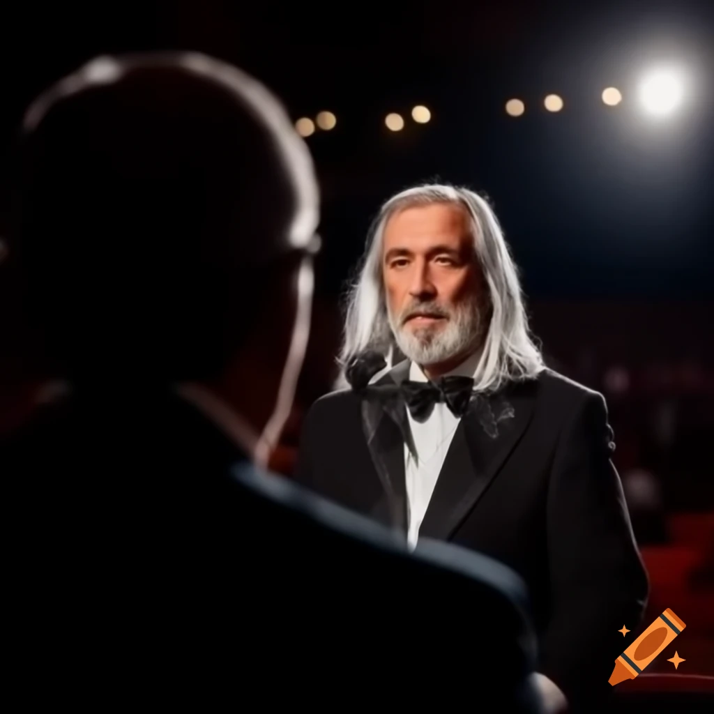 Young man in tuxedo speaking to attentive crowd in full auditorium