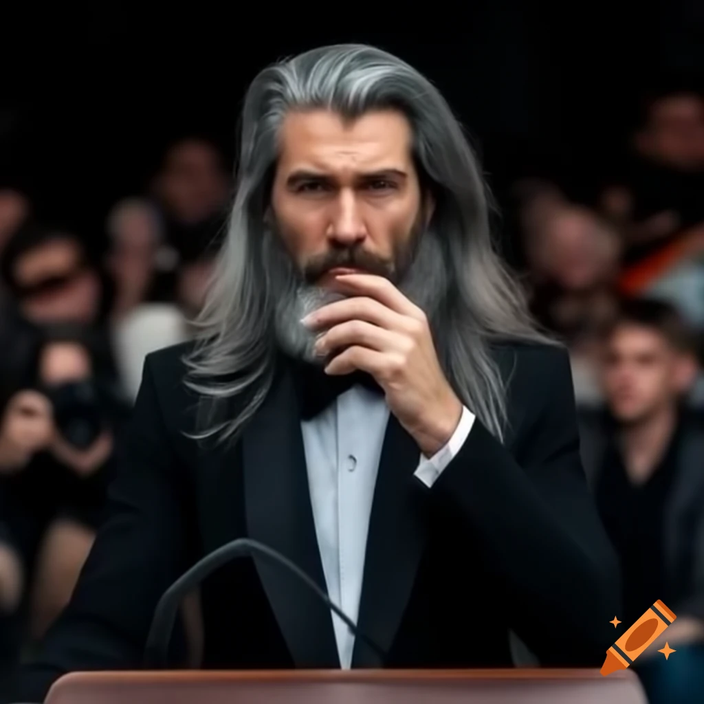 Handsome man in tuxedo addressing crowd from podium, relaxed demeanor