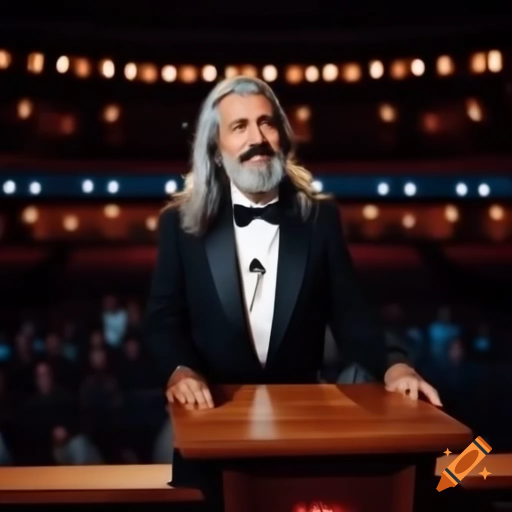 Man in tuxedo speaking on podium to attentive audience in auditorium