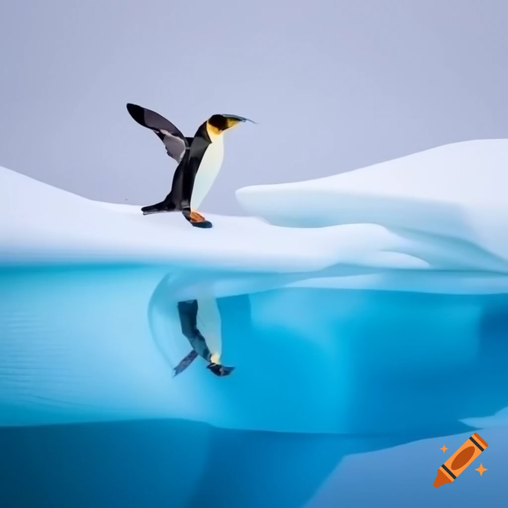 Emperor penguin diving into Arctic waters from snowy ice ledge