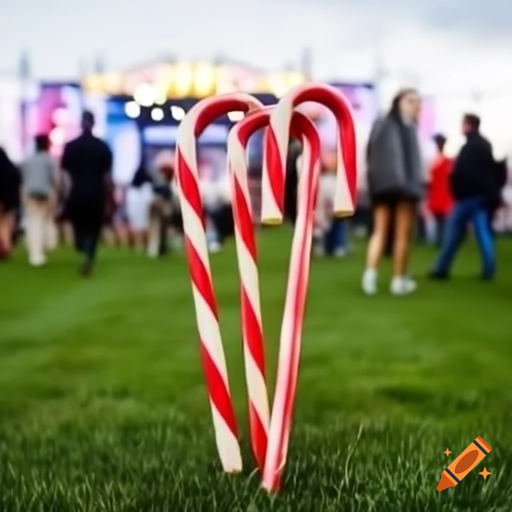 Giant candy canes on lawn at music festival