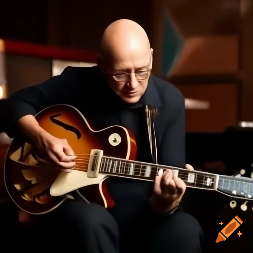 Slim 60-year-old man with glasses playing Gibson 175 guitar in jazz club
