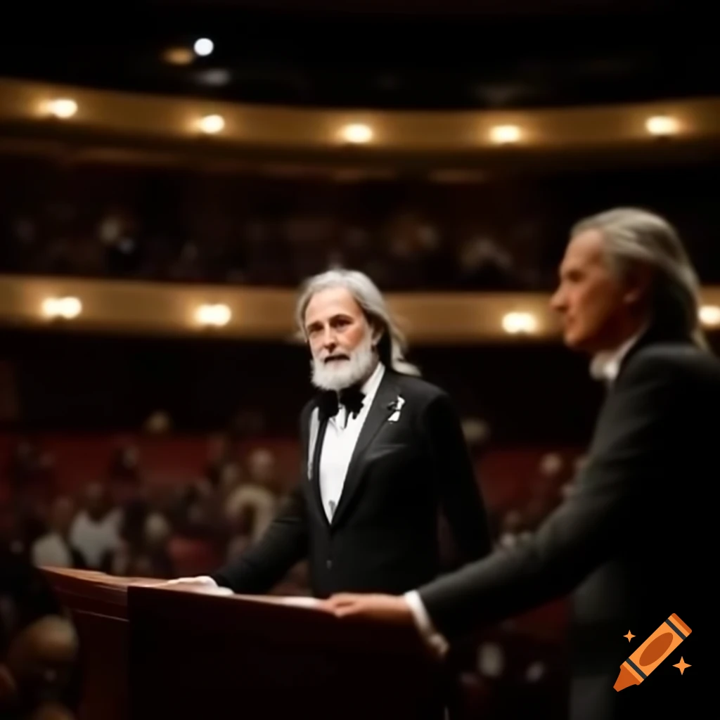Man in tuxedo speaking on podium to attentive audience in auditorium