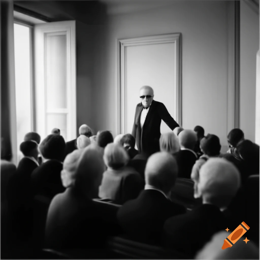 Group of distinguished individuals listening to elegant Italian speaker in tuxedo