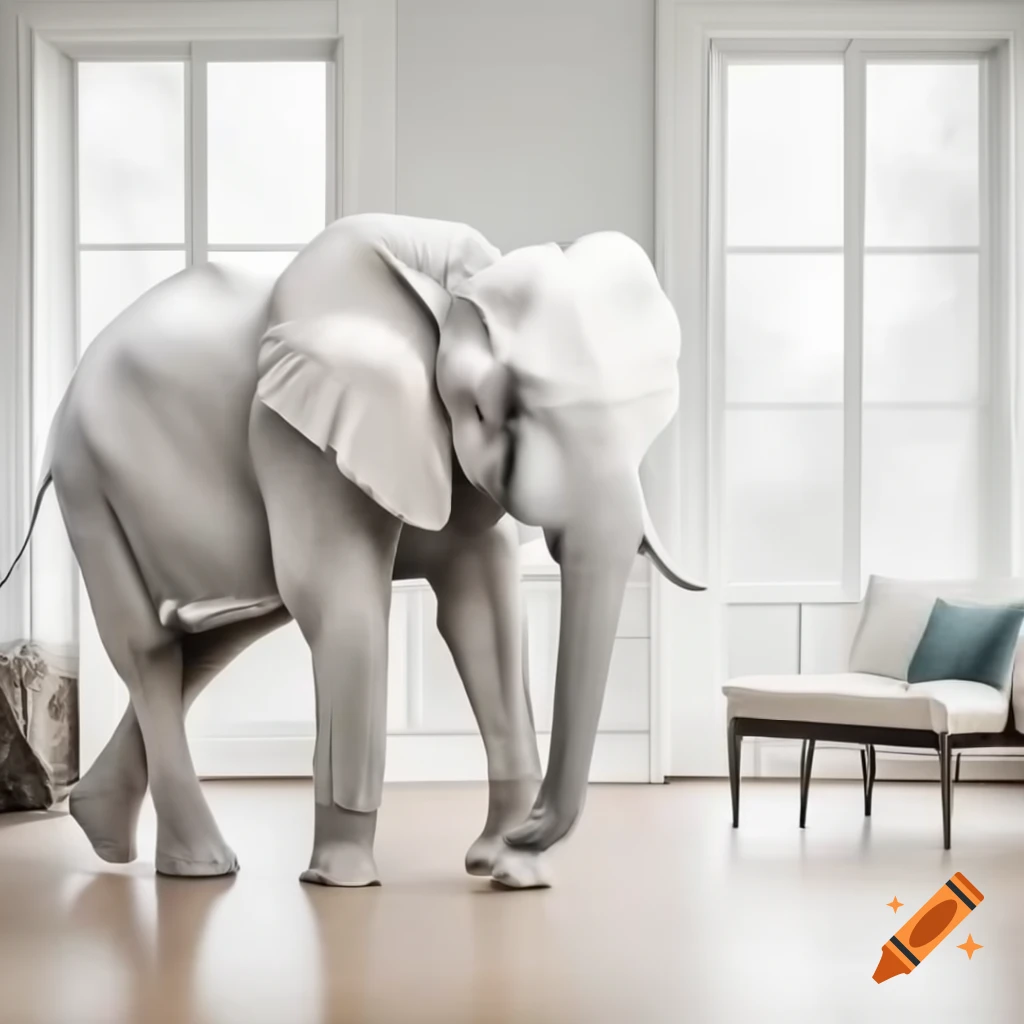 Snow white African elephant in minimalistic living room with high windows