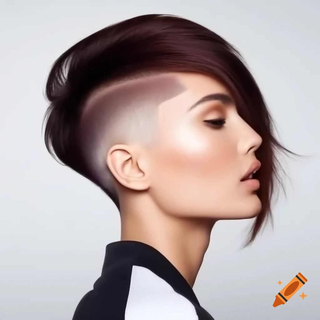 Brunette woman with asymmetrical undercut bob hairstyle, showcasing exposed nape