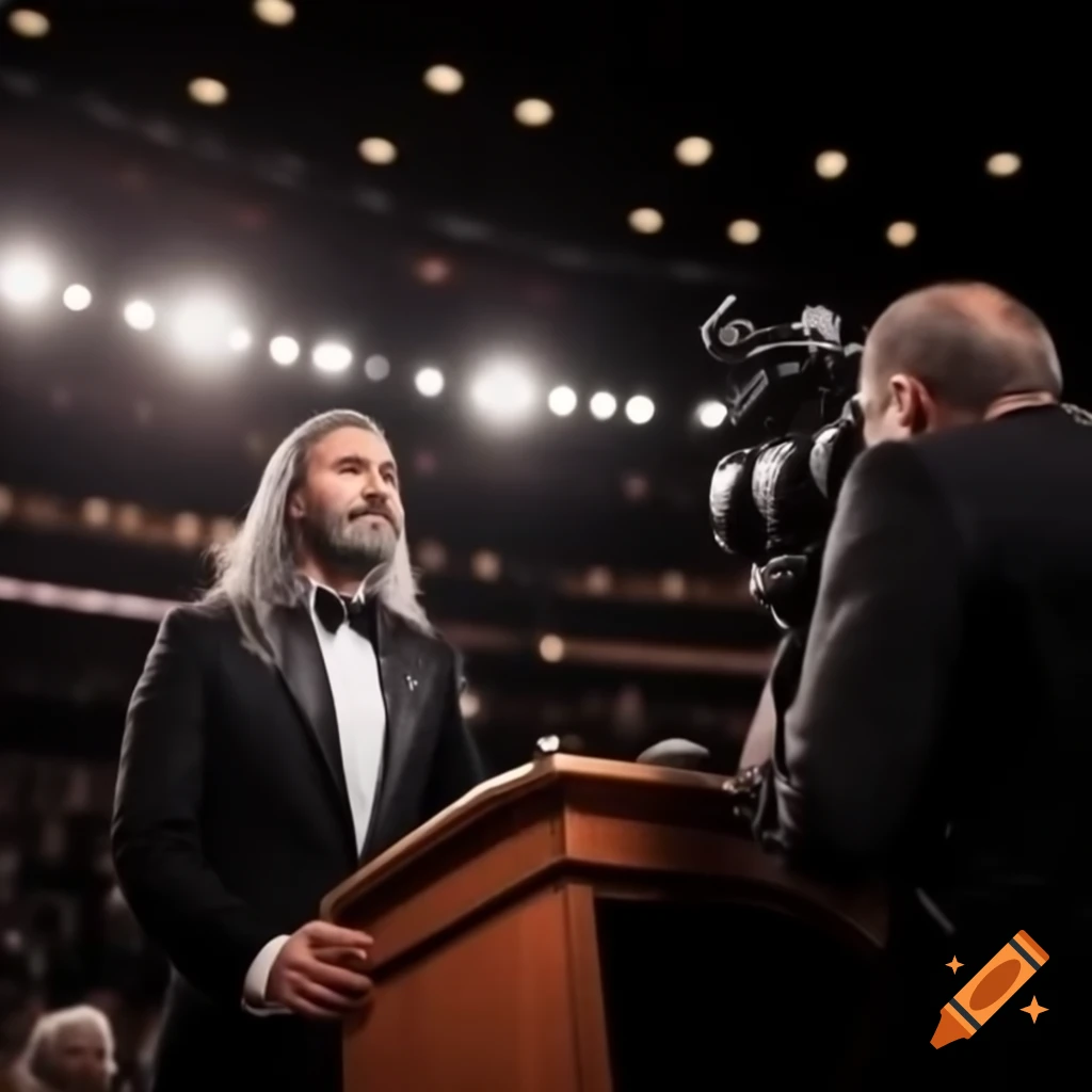 Young man in tuxedo speaking confidently to crowd in auditorium
