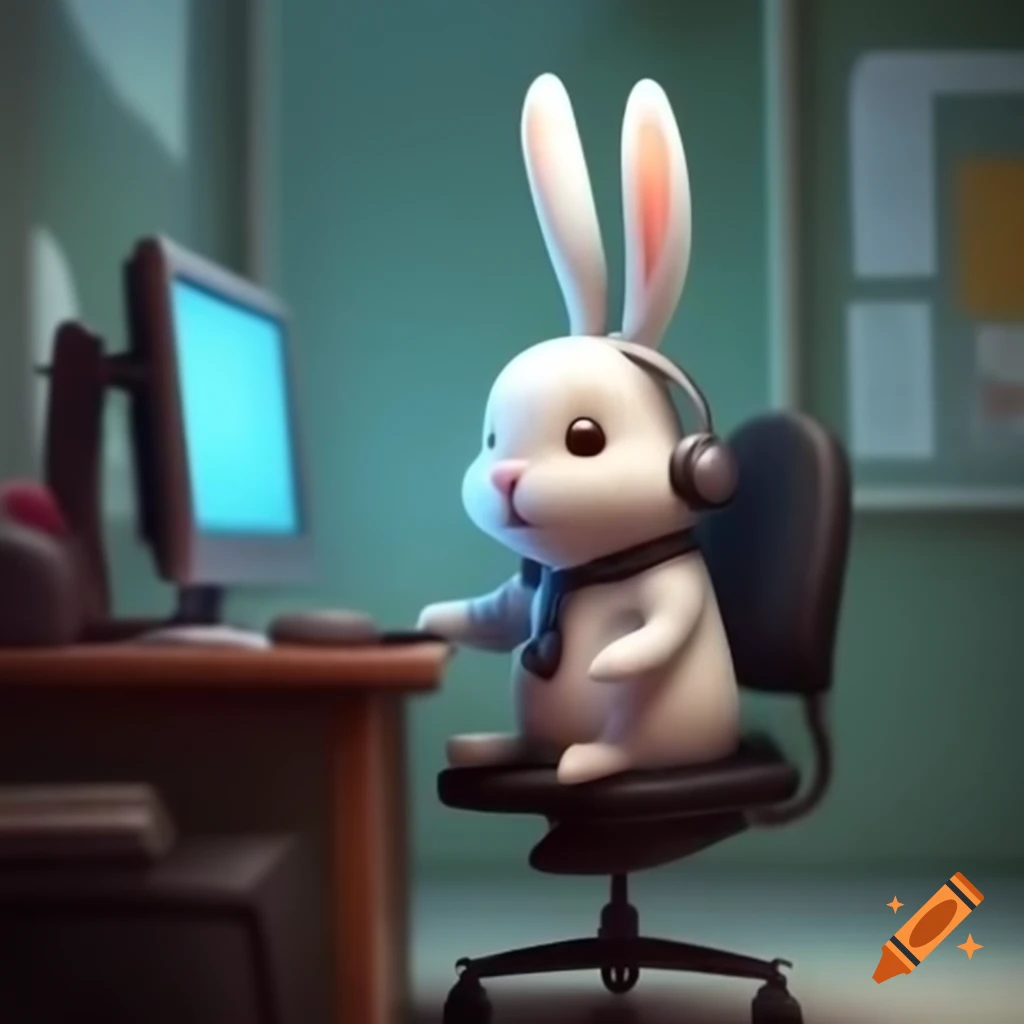 Cute rabbit on office chair in front of computer with headset on Craiyon