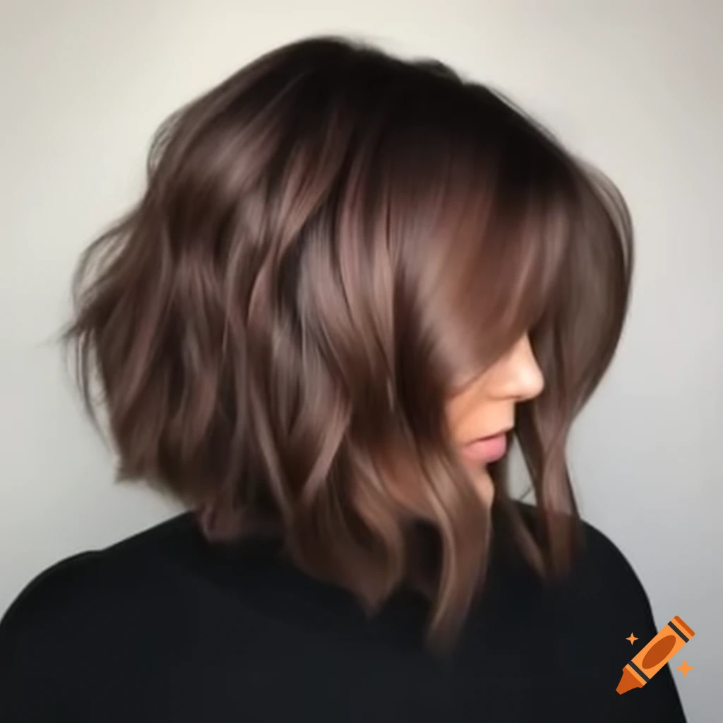 Pale woman with thick dark brown hair in an undercut bob and black baggy turtleneck