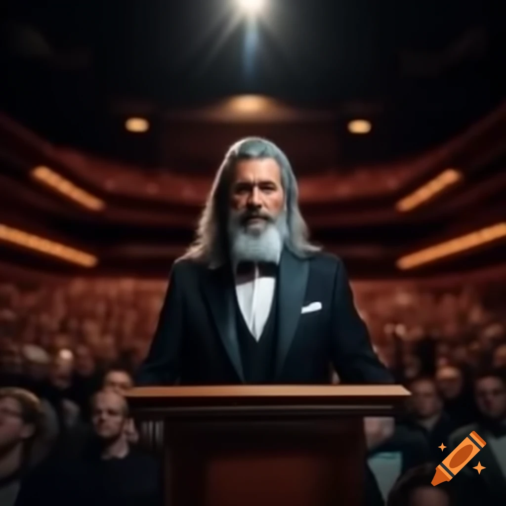 Young man in tuxedo speaking on podium with attentive audience in full auditorium