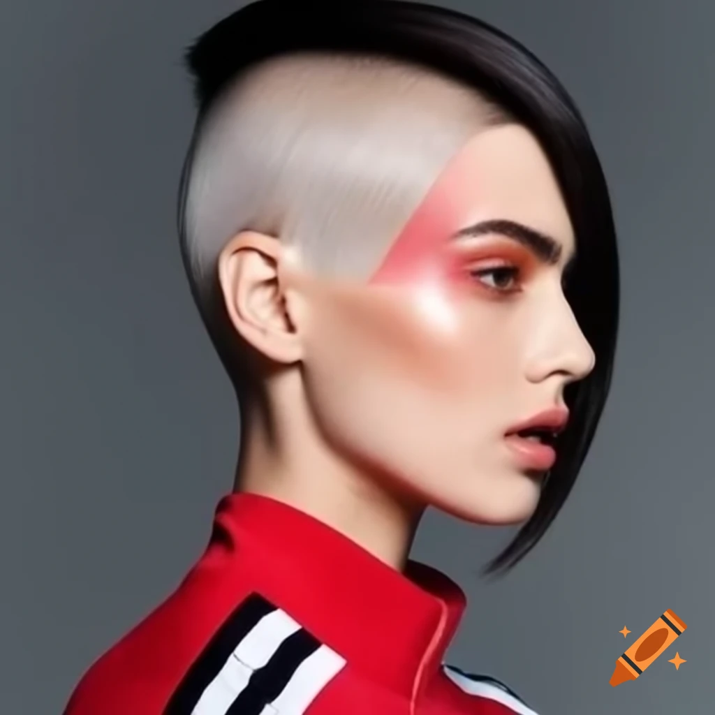 Brunette woman with asymmetrical bob and undercut in tracksuit