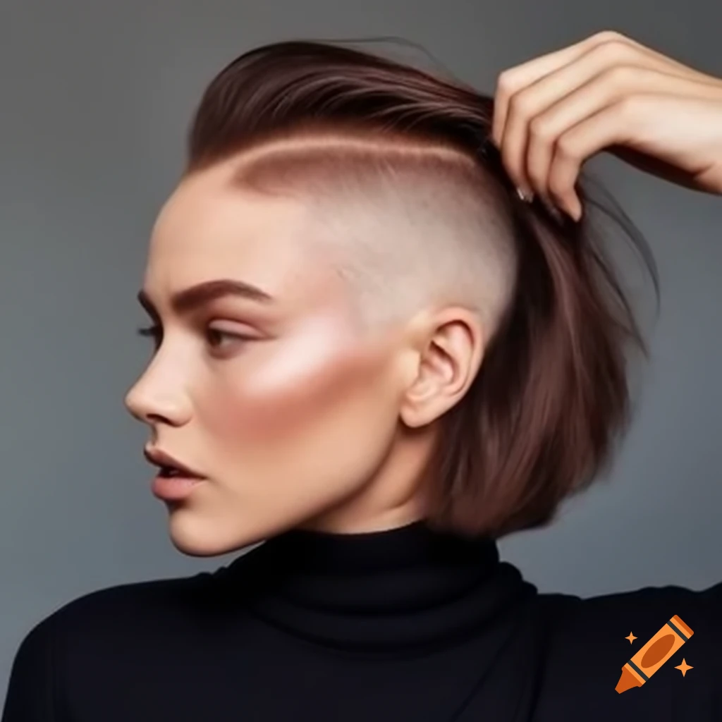Pale woman with thick dark brown hair in an undercut bob and black baggy turtleneck