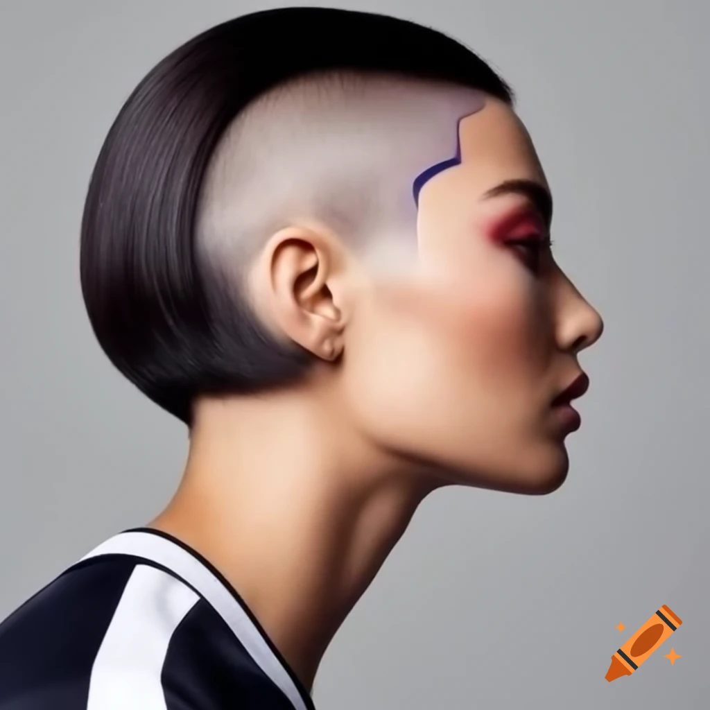 Brunette woman with asymmetrical angled bob and shaved undercut hairstyle