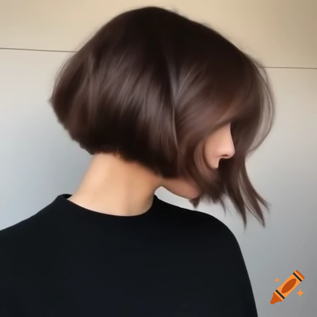 Pale woman with thick dark brown hair in an undercut bob and black baggy turtleneck