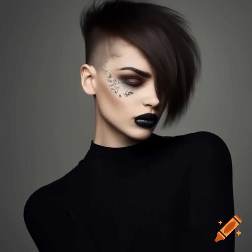 Young woman with thick dark brown hair and an extreme shaved undercut
