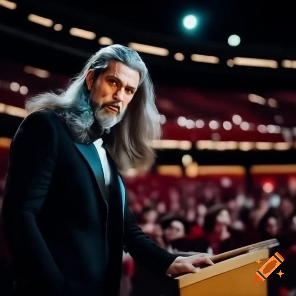 Young man in tuxedo speaking confidently to crowd in auditorium