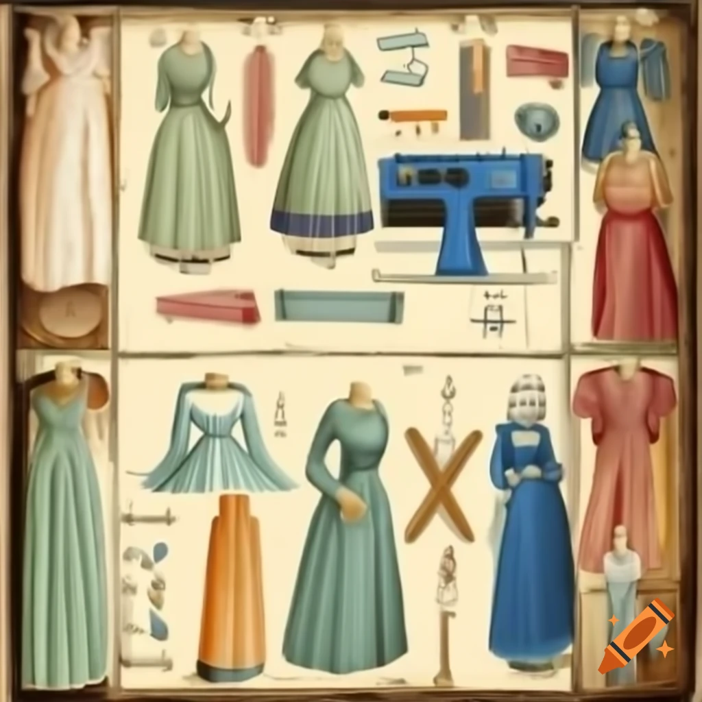 Illustration of dresses and sewing tools for alterations and custom sewing services
