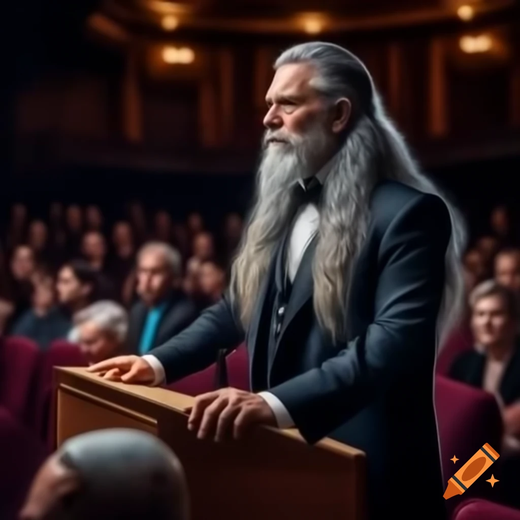 Young man in tuxedo speaking on podium with attentive audience in full auditorium