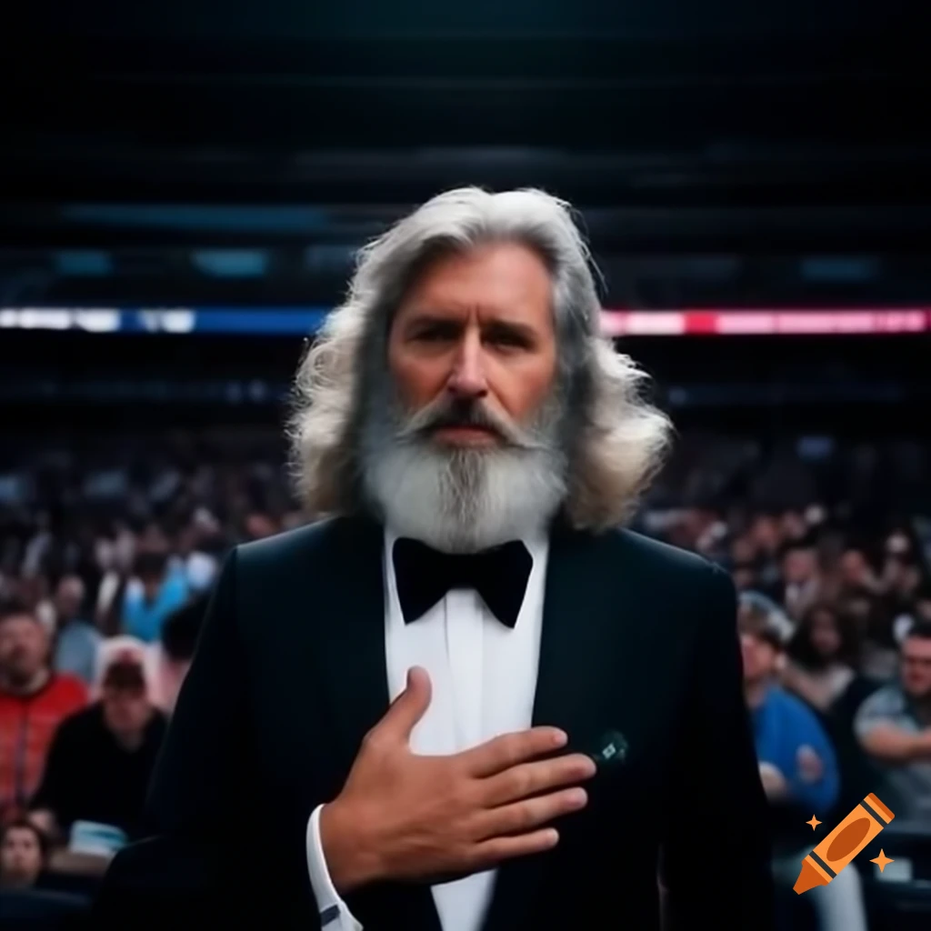Lanky man in tuxedo speaking on podium to crowd, relaxed demeanor