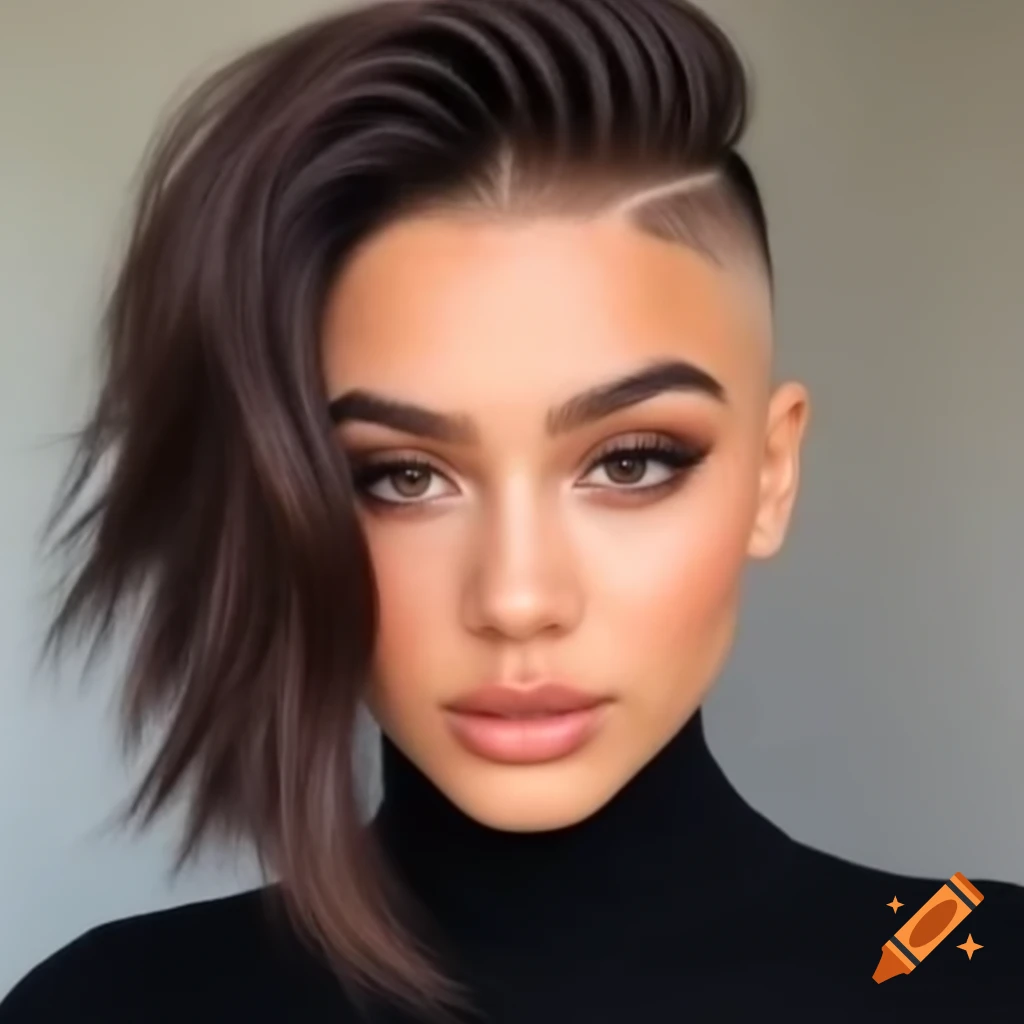 Young woman with thick dark brown hair styled in a shaved undercut bob