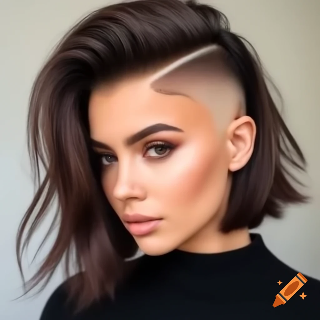 Young woman with dramatic shaved undercut bob and thick dark brown hair