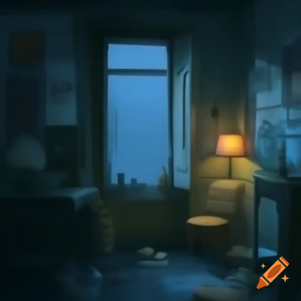 Cozy dimly lit room with vintage decor and rainy street view at night