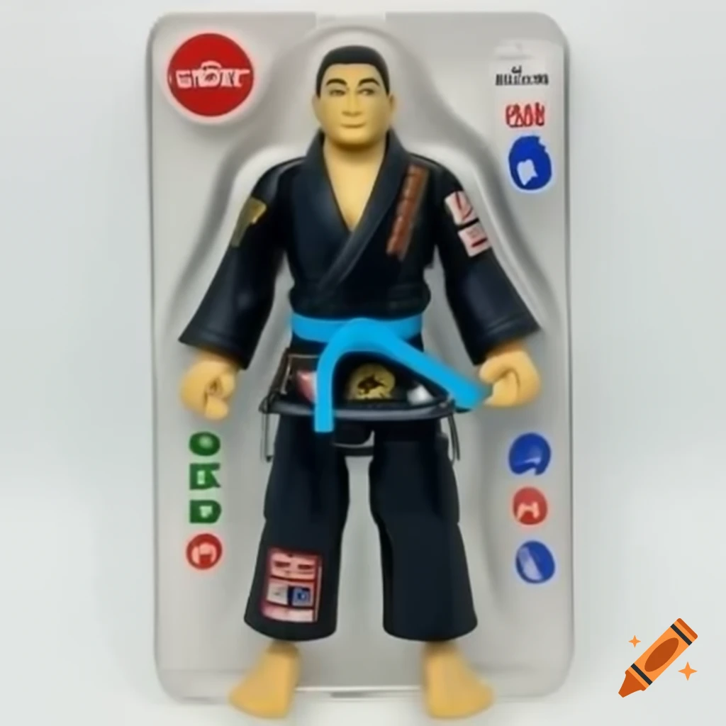 Muscular action figure in black Brazilian jiu-jitsu gi with blue belt in blister packaging