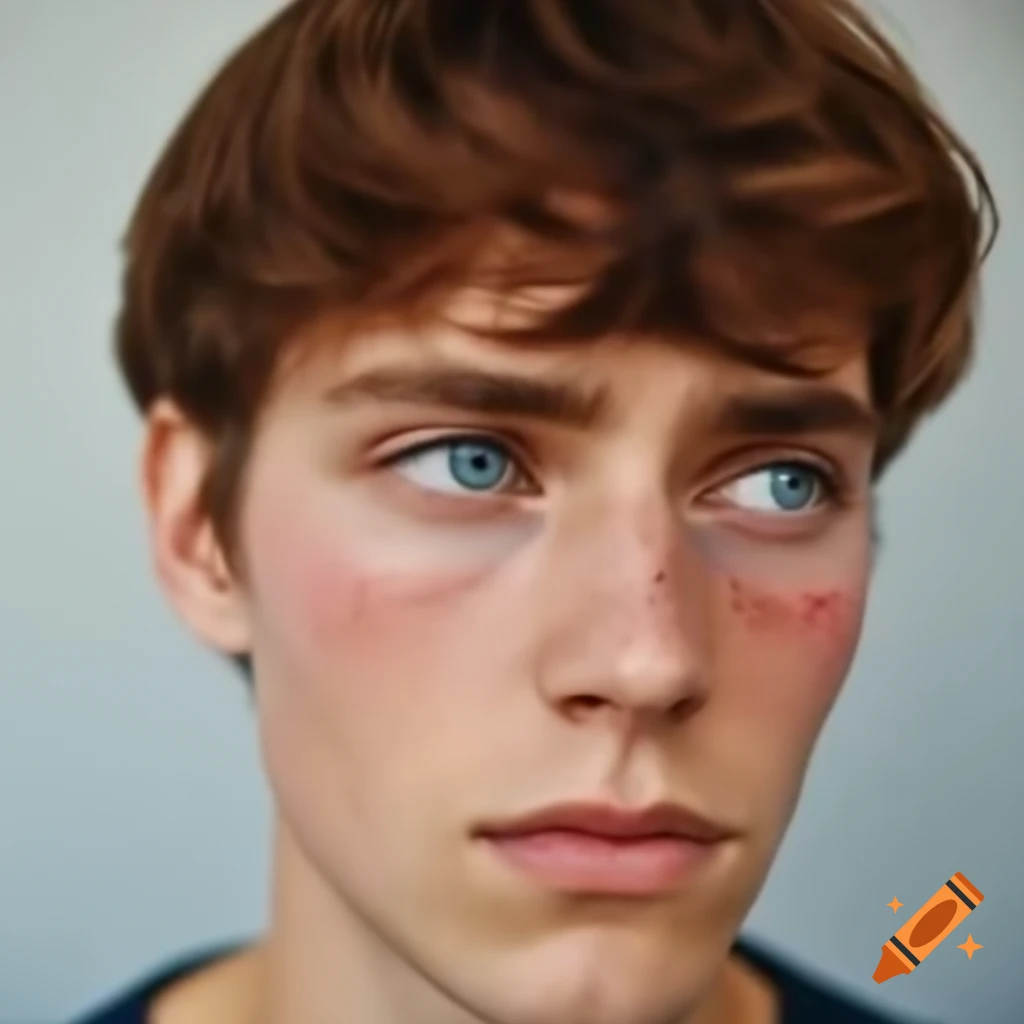 Caucasian male college student with greasy hair and pimples, zoomed out view to torso