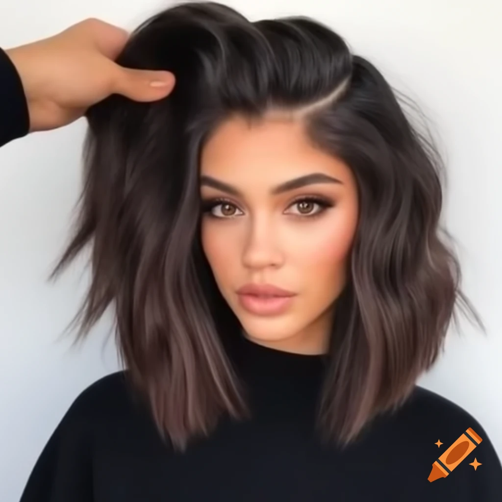 Stylish young woman with thick dark brown hair in a dramatic shaved undercut bob