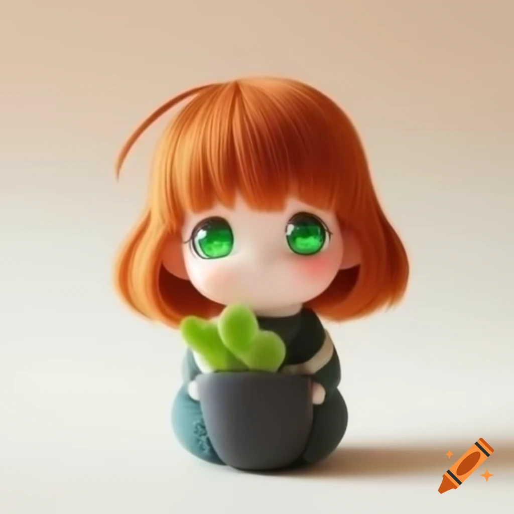 Realistic crochet potted plant girl with green anime eyes and auburn yarn hair