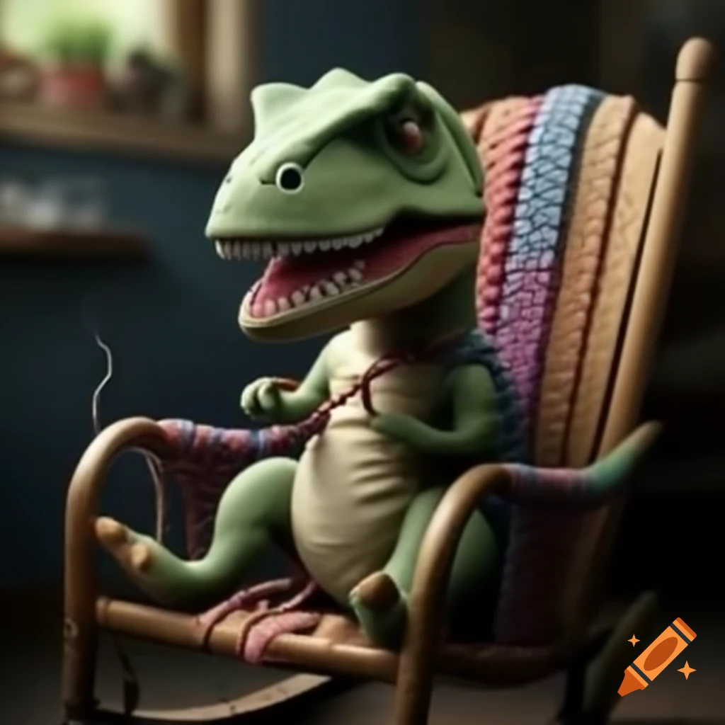 T-rex in rocking chair knitting, humorous portrayal on Craiyon