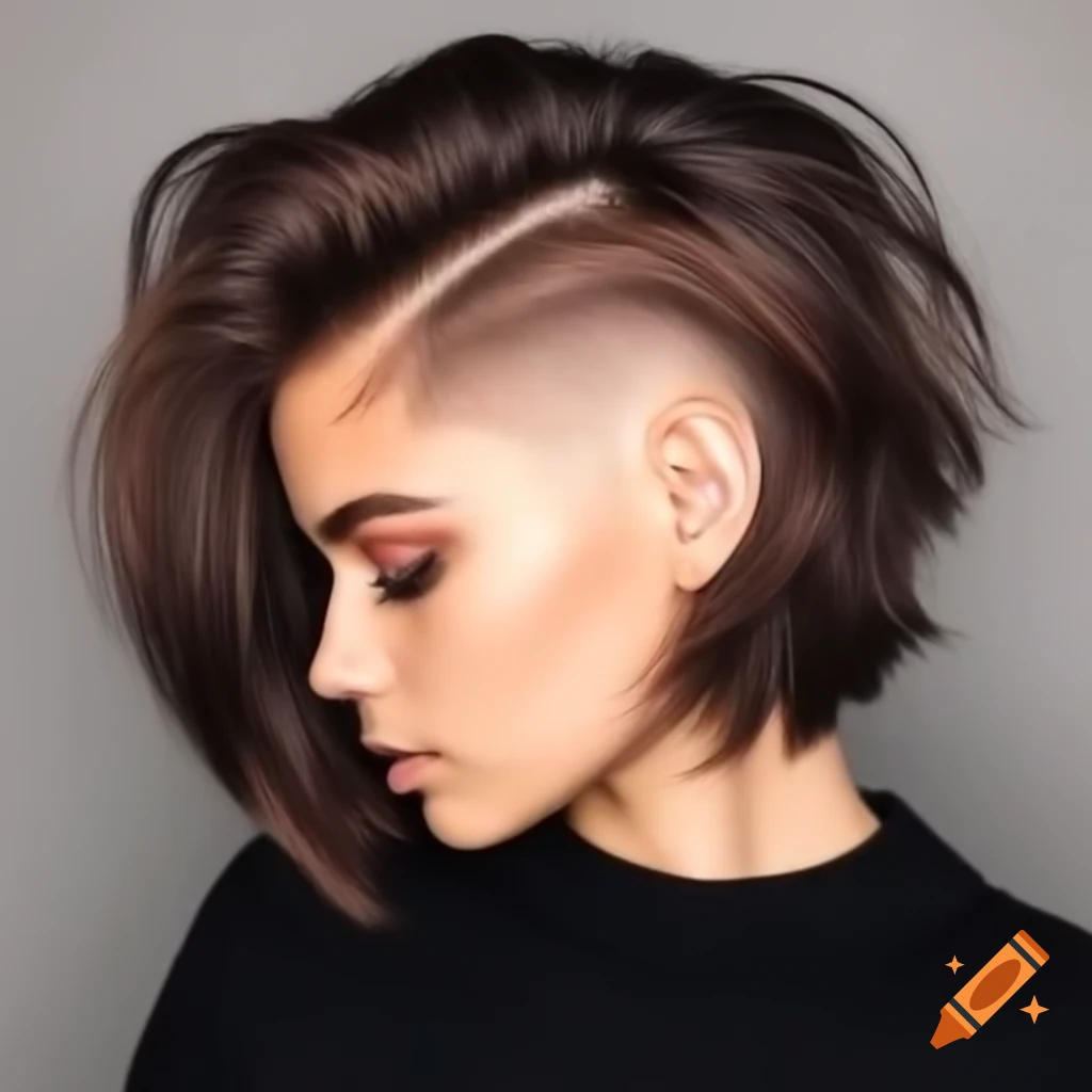 Young woman with dramatic shaved undercut bob and thick dark brown hair