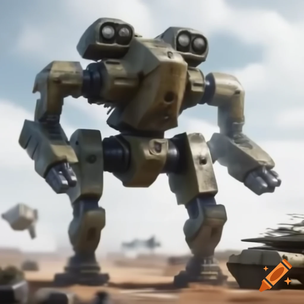 Heavily armored bipedal battle mech with angular military-inspired ...