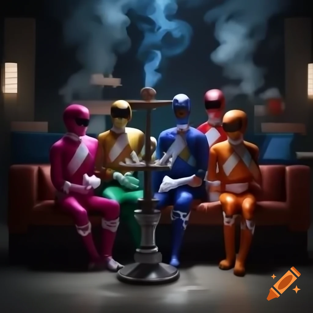 Power Rangers in colorful costumes relaxing in a modern lounge with ...
