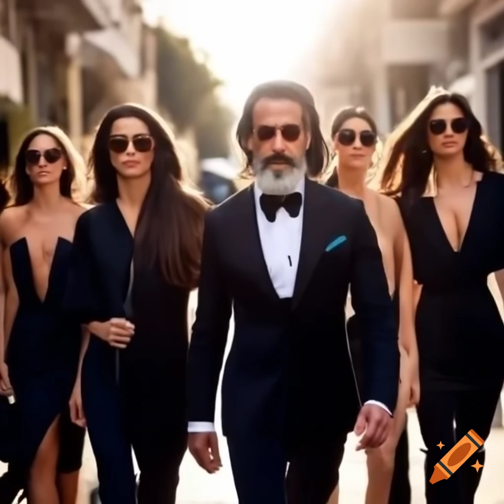 Group of supermodels and a confident man in tuxedo walking together
