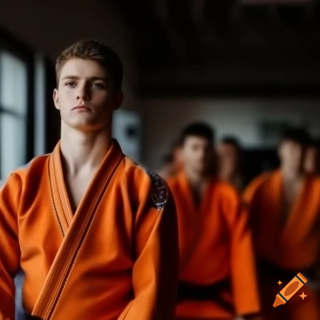 Young European man wearing orange judogi