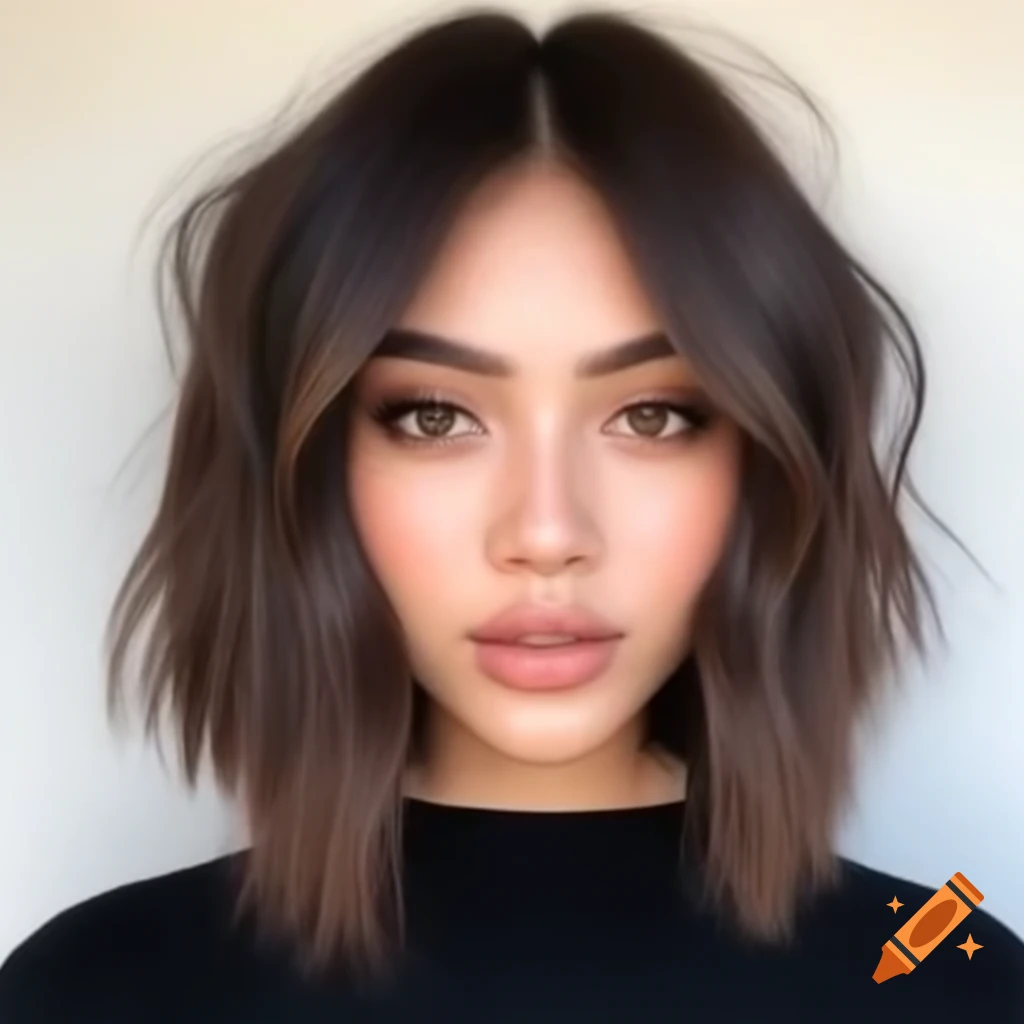 Young woman with thick dark brown hair styled in a shaved undercut bob